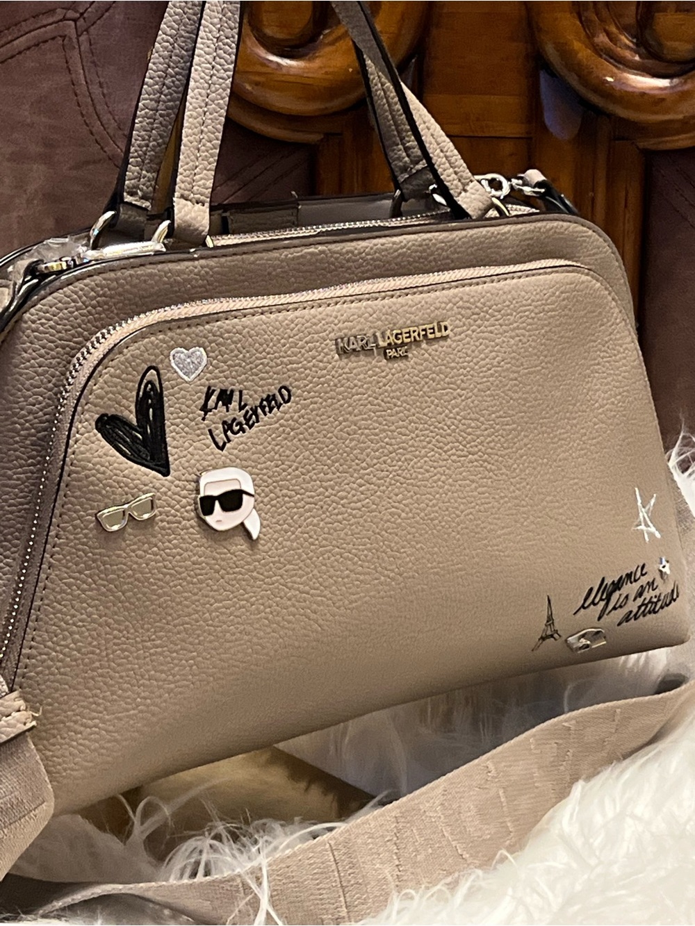 Karl Lagerfeld taupe satchel with playful decals - Picture 6 of 15